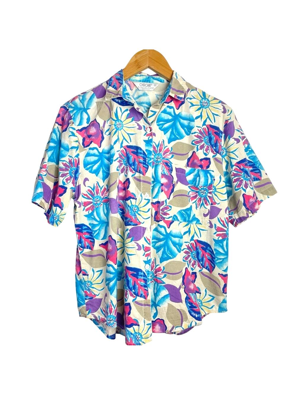 Cherokee Cotton Floral Button Down Shirt Blue and Purple Tropical Hawaiian